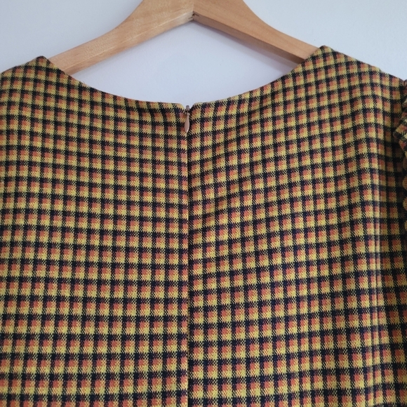 Eva Franco, Faux Wrap Waist Midi Length Dress, Mustard/Orange/Navy, Size 8 - Picture 3 of 9